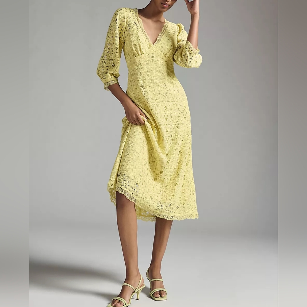 NWT ANTHRO | Chartreuse Lace Midi Dress